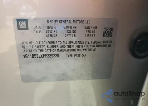 2015 Chevrolet Malibu Ls z USA, uszkodzony, nr VIN 1G11B5SLXFF239220